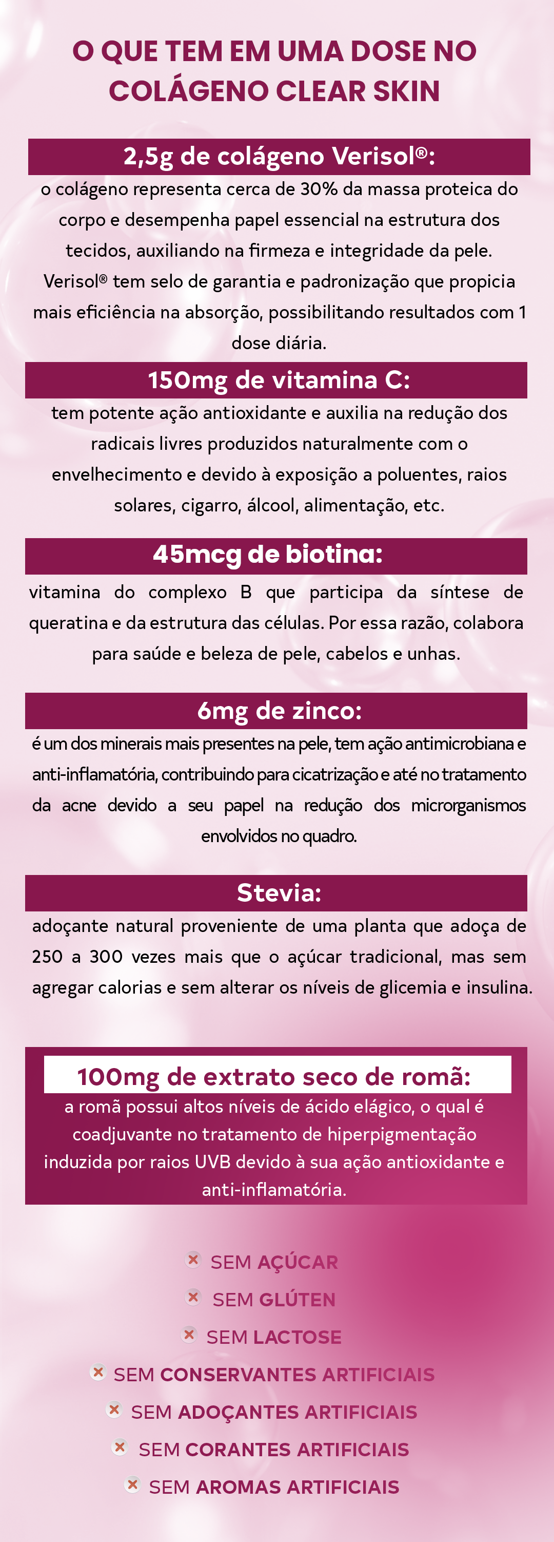 o que contém no colágeno clear skin e suas funções individuais